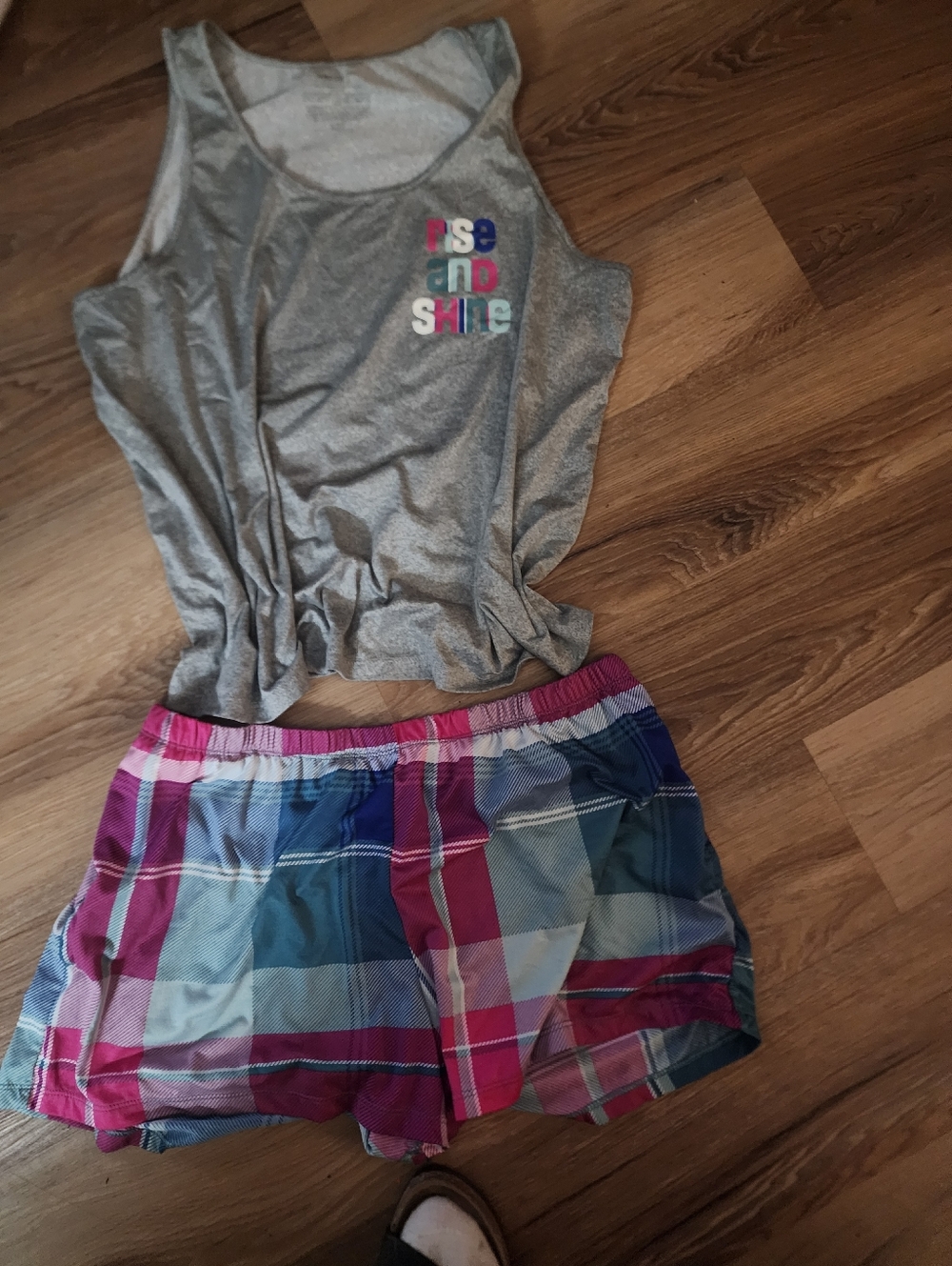 Gray Tank Pajama Top with Multicolor 'Rise and Shine' Graphic & Plaid Shorts